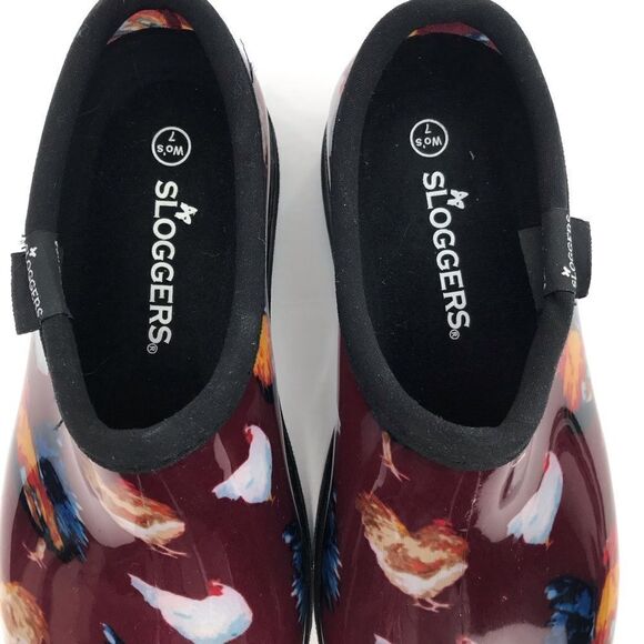 Sloggers Maroon Red Chicken Print Waterproof Rubber Slip On Loafers - Picture 7 of 15